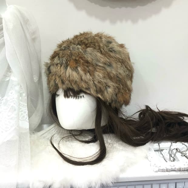 brown rabbit fur knit beanie