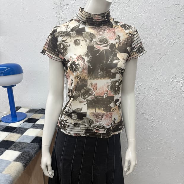 빈티지 vent de mer 브라운 로즈 프릴 시스루 블라우스