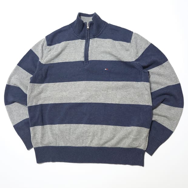 타미힐피거 스트라이프 코튼 하프 집업 니트