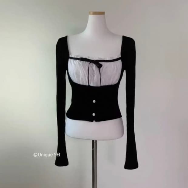 로걀탑 블랙 셔링 블라우스 리본 빈티지 갸루 공겜 롱 슬리브