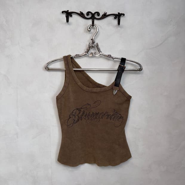 Brown y2k unbalance belted sleeveless