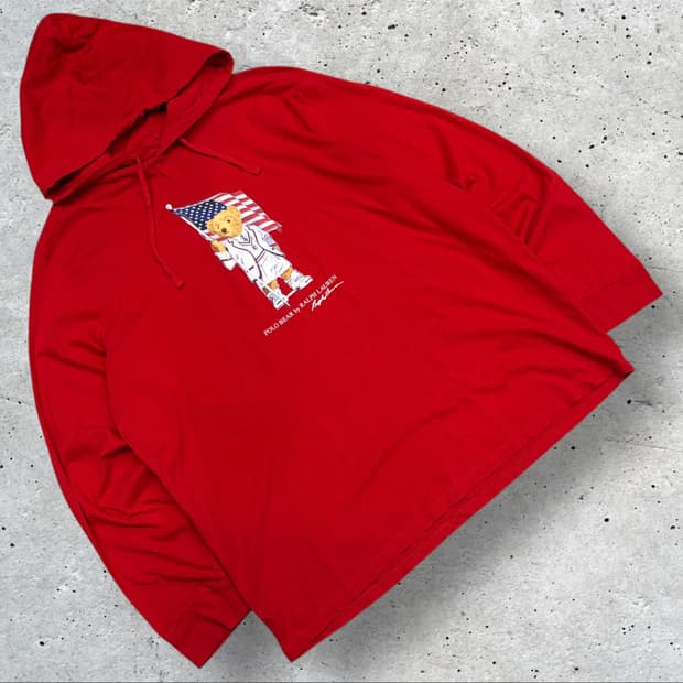 [2XL] 폴로 랄프로렌 성조기 베어 레드 후드 롱슬리브 B772
