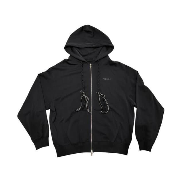 ribbon detail hood zip-up charcoal
