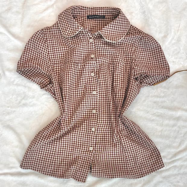 브랜디멜빌 브라운 체크 둥근레이스 카라 블라우스