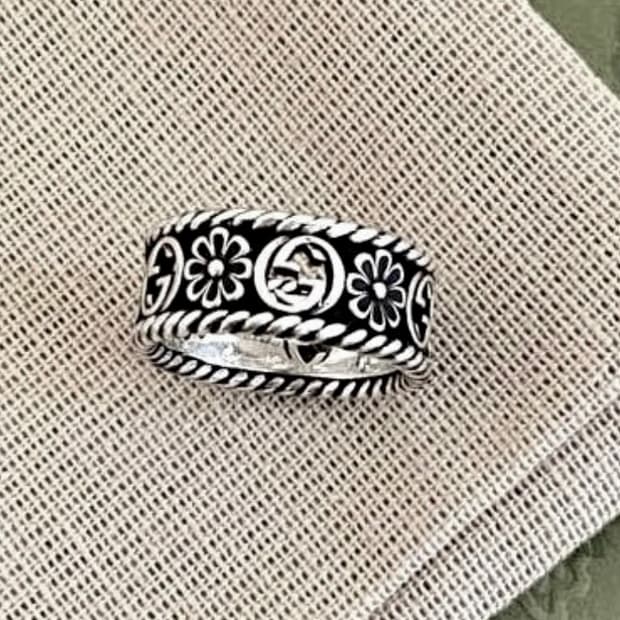 구찌 인터로킹 플라워링 15호 실버 반지 G링 에이지드 피니쉬 실버