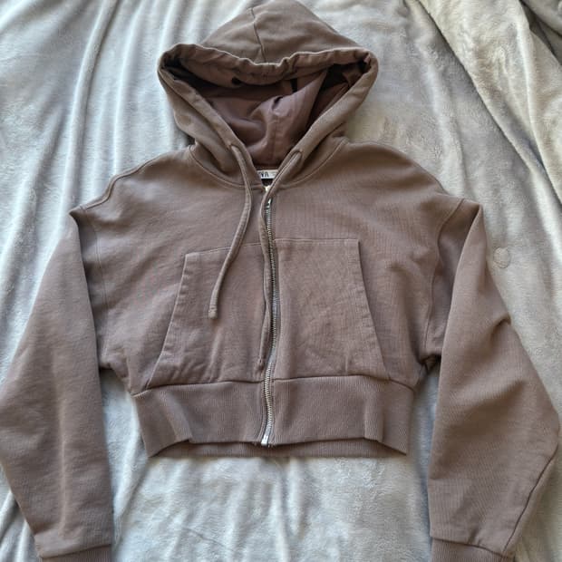 자라 크롭 후드 집업 브라운 s