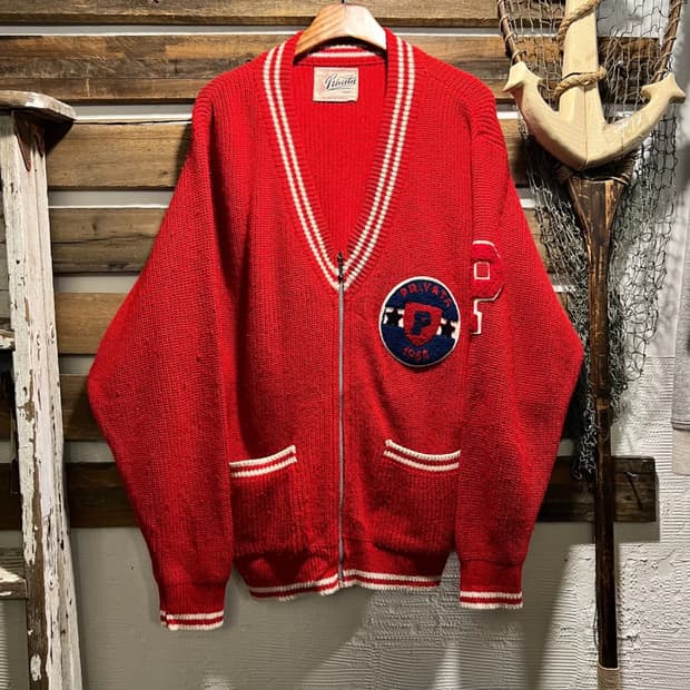 [L]6~70's 스페인제 레드 울 집업 가디건