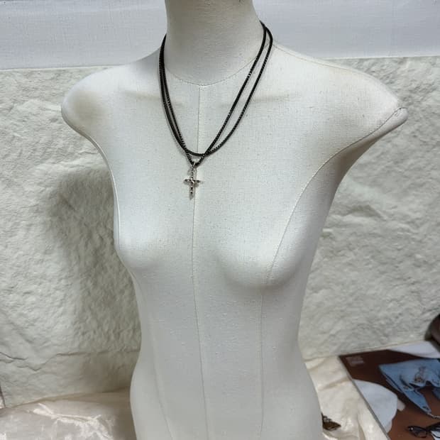 빈티지  고딕 박스체인 레이어드 십자가 목걸이