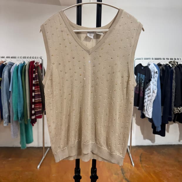 빈티지 스팽글 디테일 브이넥 니트 조끼