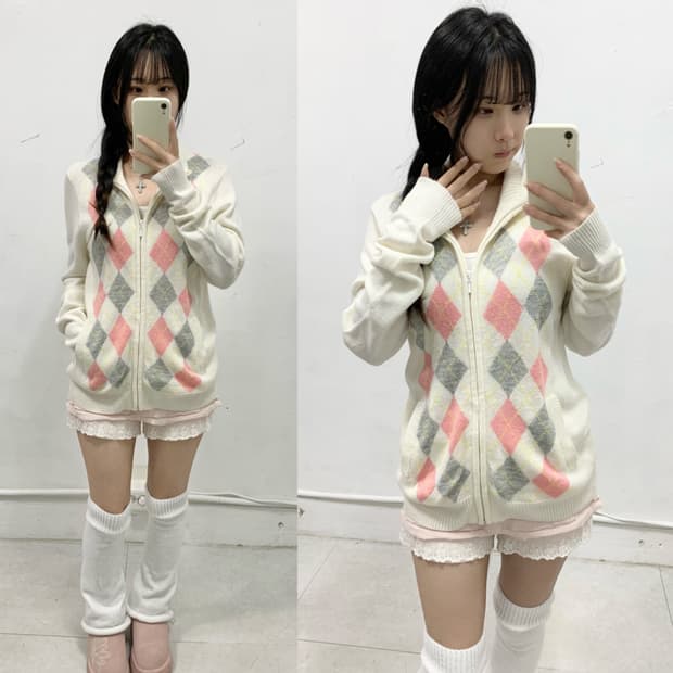 [OPST] 로걀 핑크 그레이 로걀 니트 집업