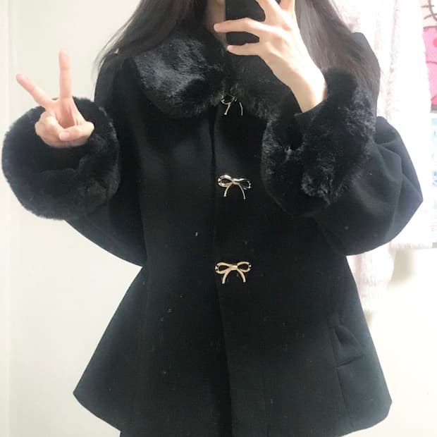 빈티지 블랙 리본 퍼 코트 히메갸루 로걀 라떼 히메카지 리즈리사깔 달천깔