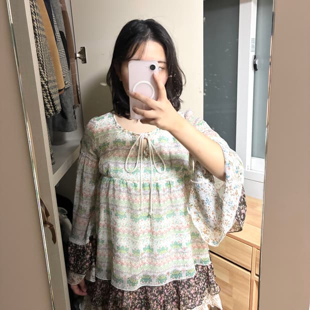 일본 빈티지 xaja 보헤미안 모리걸 에스닉 패턴 블라우스 원피스