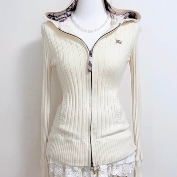 버버리 블루라벨 골지 딱붙 후드집업 애슐리윌리엄스 갸루 y2k 가디건