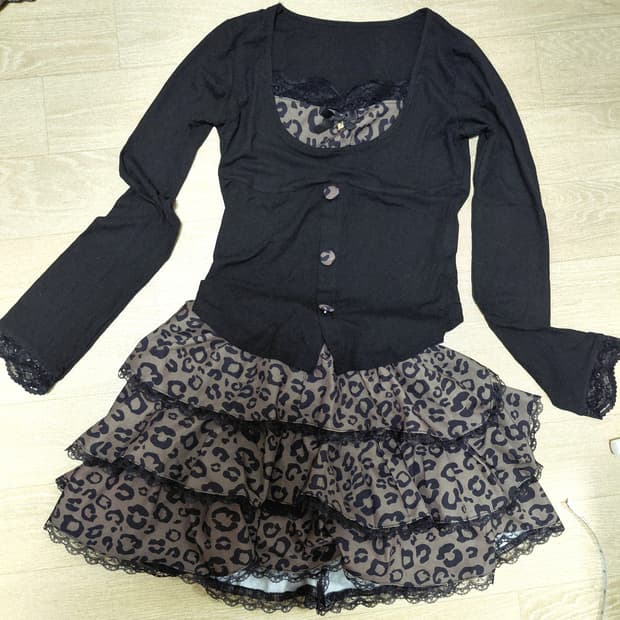 쉬인 갸루 레오파드 레이스 세트