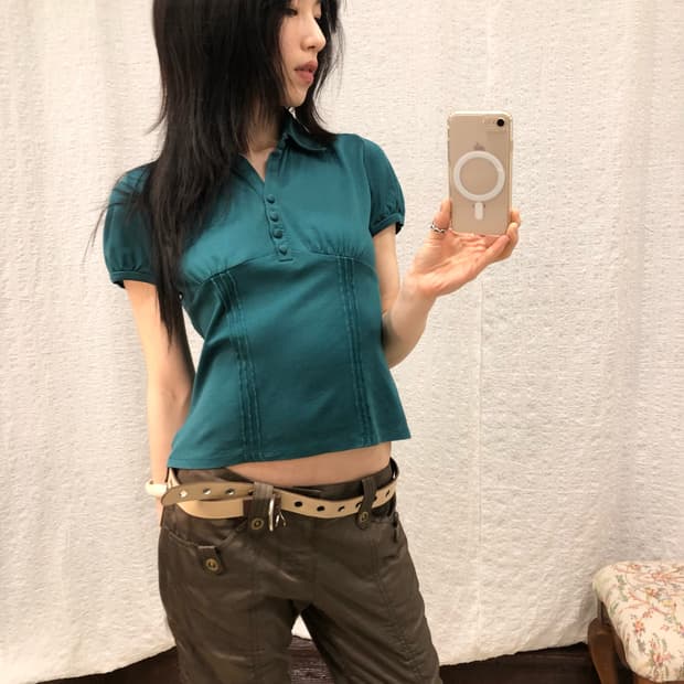 retro teal button top