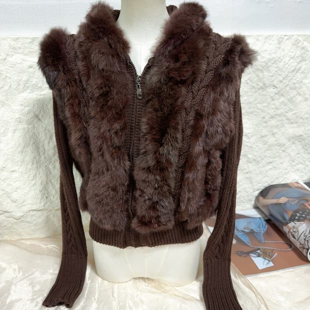빈티지 초콜릿 브라운 여우털 후드 토끼털 꽈배기 니트자켓 후드집업