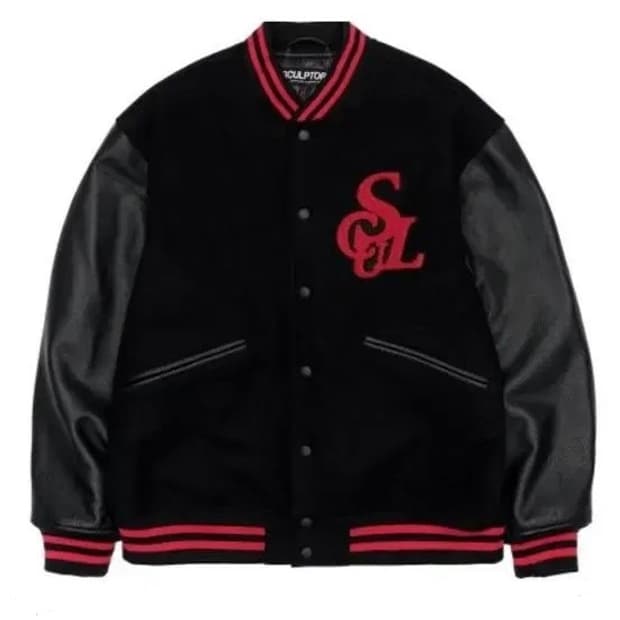 스컬프터 모노그램 울 바시티 자켓 레드 버팔로 레더 sculptor