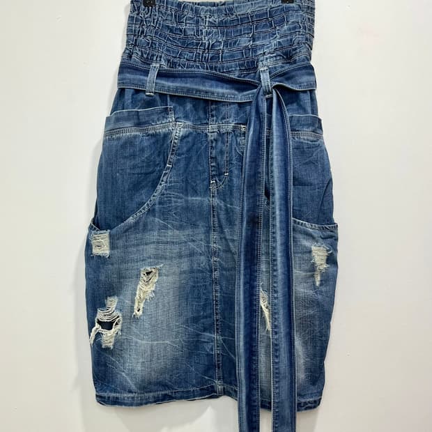 일본 빈티지 벌룬핏 워싱 데님 미디스커트 