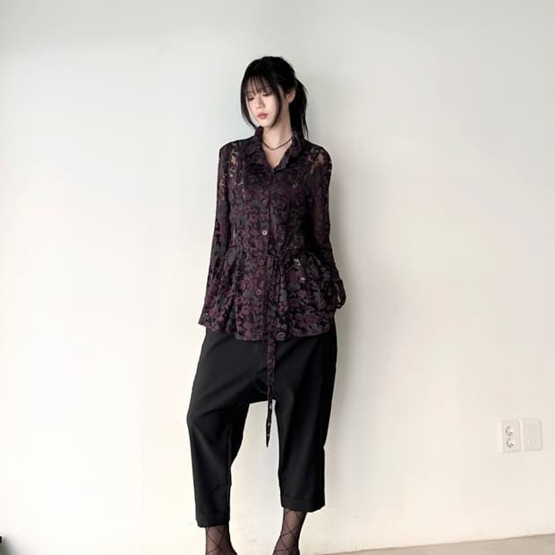 Jacquard string shirt / purple brown