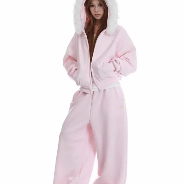 타오바오 핑크 퍼후드 트리에닝셋업