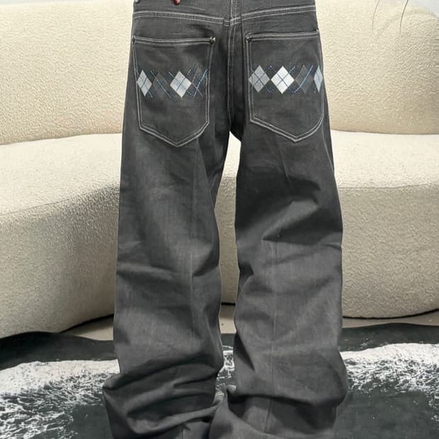 90s 빈티지 아가일 포켓 초와이드 데님 팬츠