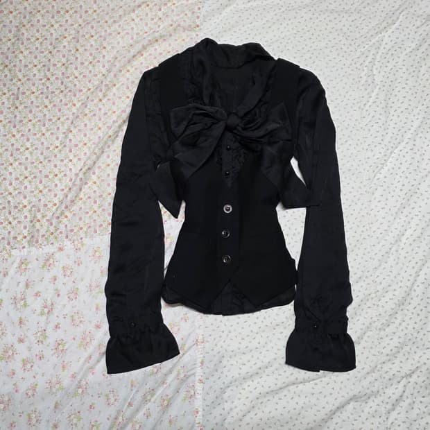 빈티지 블랙 공겜여주 고딕 베스트 리본 블라우스 세트 고스 리즈리사깔