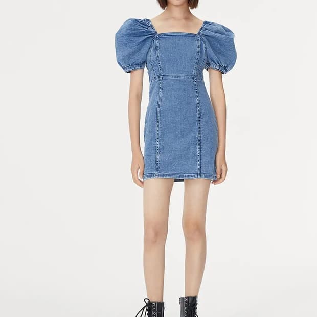 55~66)H&M 퍼프 데님 미니원피스 스퀘어넥 슬림핏