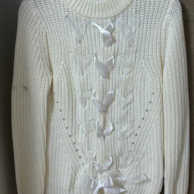 베이비베어 빈티지/ 달천깔 아이보리 리본 아일렛 커스텀 니트