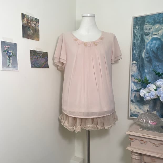 sheer pink flower point pleats blouse