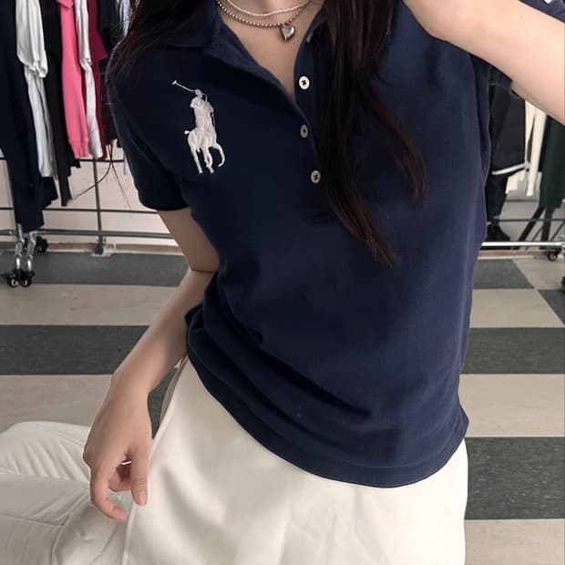 랄프로렌 네이비/화이트 5버튼 빅포니 카라티