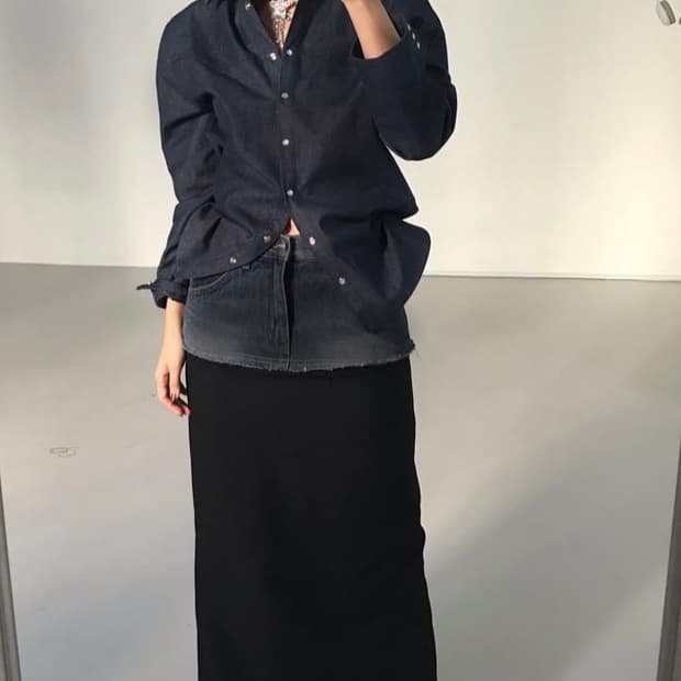 에옹쓰 초창기 데님 믹스 롱스커트 블랙데님 s