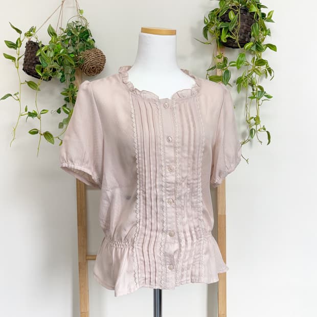 JPN/ 핑크 레이스 블라우스 반팔 셔링 반팔블라우스 모리걸블라우스