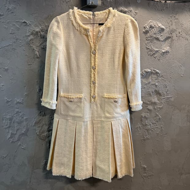 시슬리 SISLEY 트위드 프린지 원피스 아이보리 44