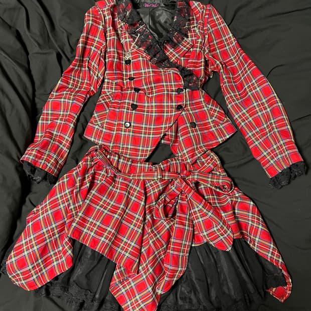 타탄체크 셋업 투피스 자켓 스커트 세트 펑크 고스 나나깔 