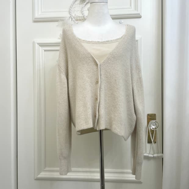 ivory melange angora loose cardigan&lace