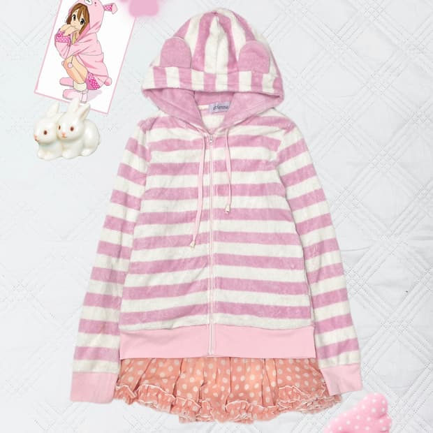 ꒰ঌ 쿠마미미 핑크 스트라이프 후드집업 ໒꒱