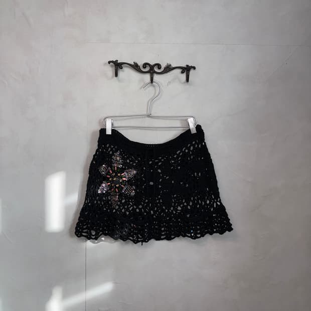 Black flower crochet beads patch net sk