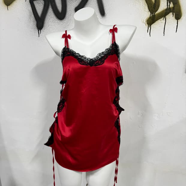 VTG 빈티지 오리엔탈 새틴 레드 블랙 레이스 리본 셔링 슬립