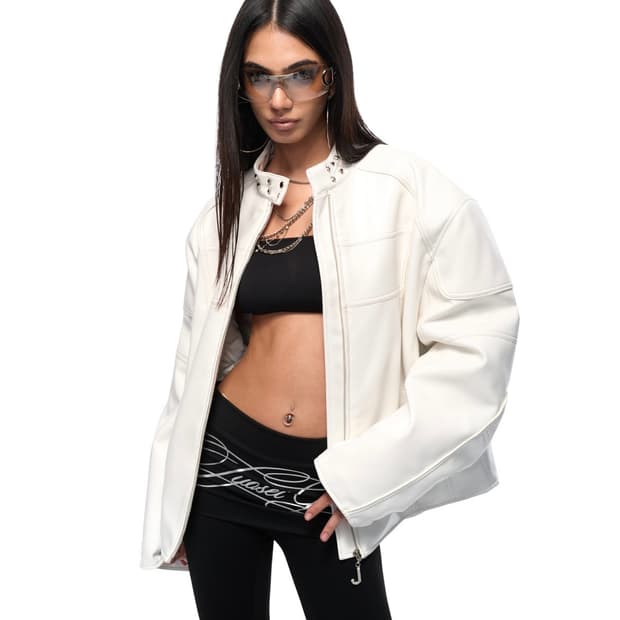 JYOSEI 화이트 모토사이클 레더 자켓