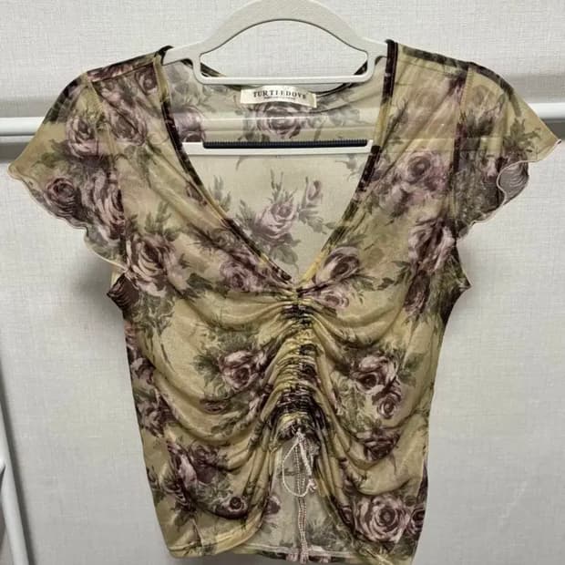 빈티지 오리엔탈 히피 플라워 시스루 셔링 반팔 블라우스