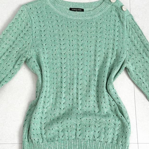 버튼 디테일 민트 니트 원숄더 탑 Mint Knit