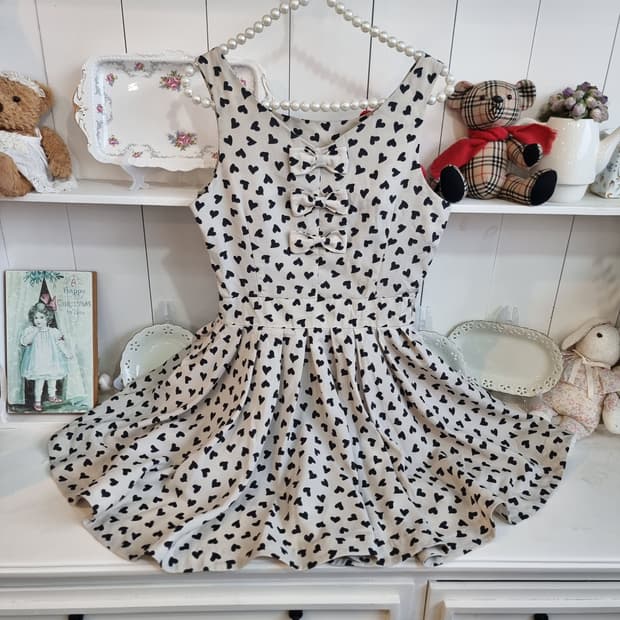 하트패턴 3리본 플레어 원피스