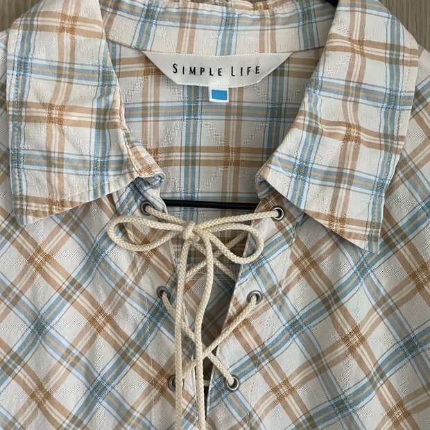 Simple Life 모리걸 하구미 체크 아일렛 칠부 셔츠원피스