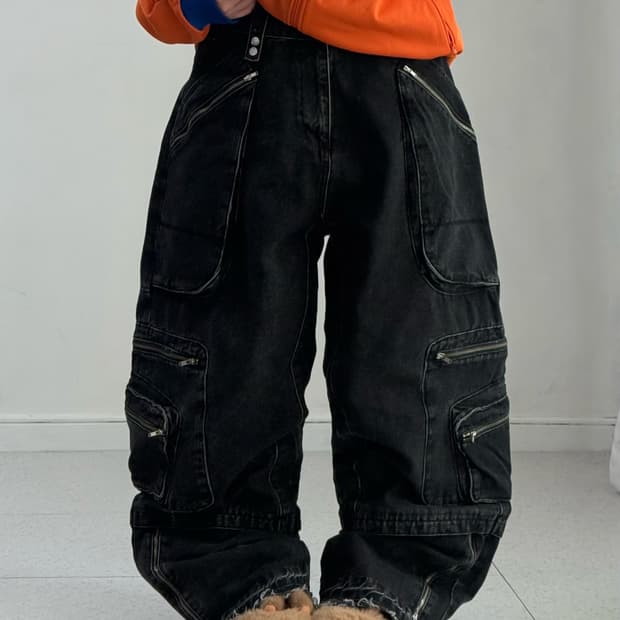 빅유니온 흑청 멀티포켓 카고팬츠