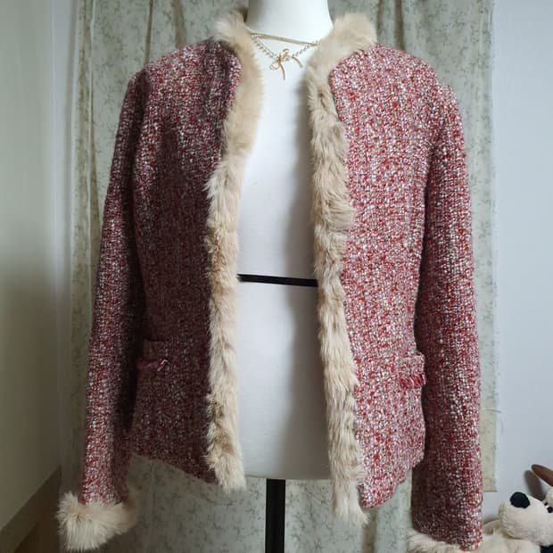 [빈티지] 트위드 퍼 트리밍 자켓 레드
