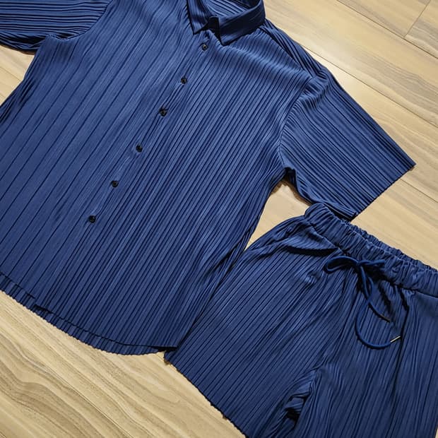남성플리츠셔츠반바지세트셋업블루