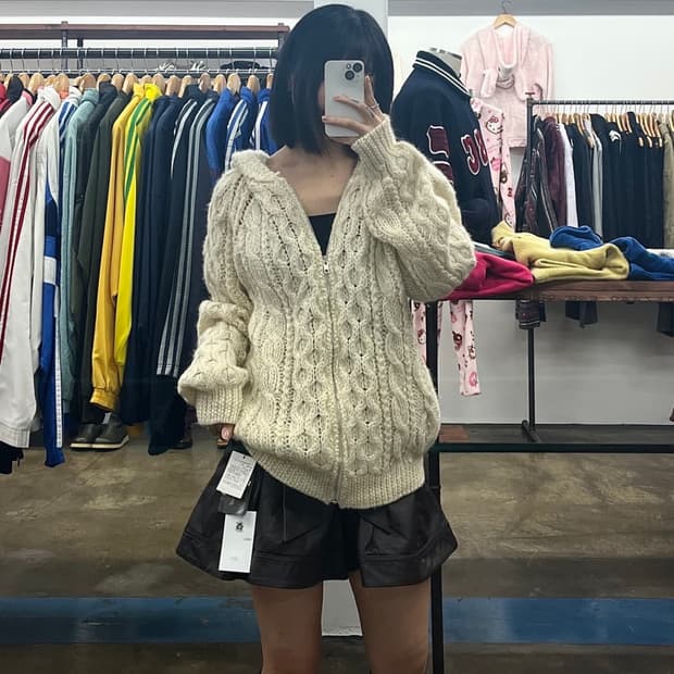  CRESENT MAX 아이보리 빈티지 케이블 니트 후드집업