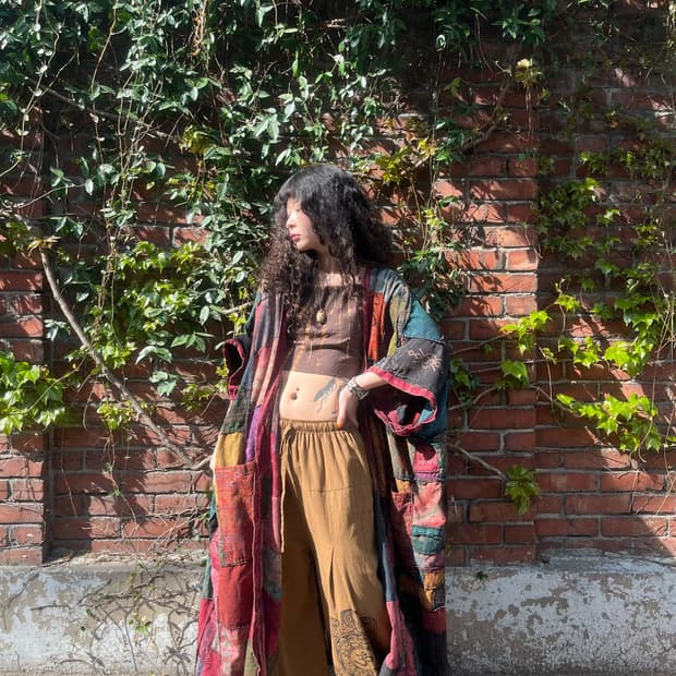 히피 에스닉 패치워크 롱 로브