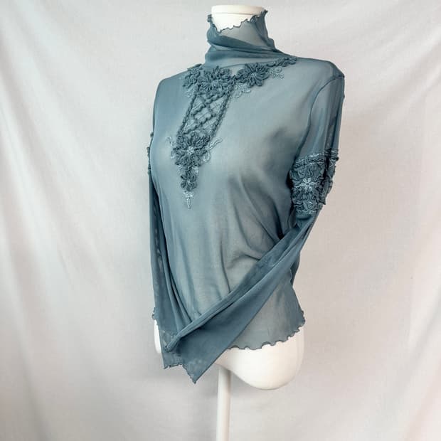 메쉬 레이스 러플 탑