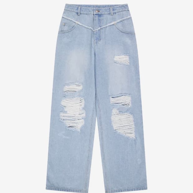 DAMAGED WIDE DENIM PANTS [LIGHT BLUE]